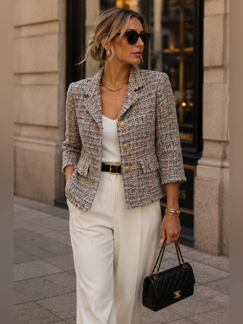 𝅺jacket Society cropped tweed Lurex fringe gold buttons tailored blazer Sz S